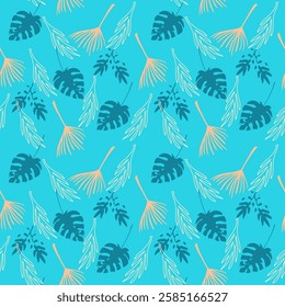 Funky Tropical Vector Seamless Pattern. Drawn Floral Background. Beautiful Male Shirt Female Dress Texture. Chic Summer Fabrics. Monstera Feather Dandelion Banana Leaves Tropical Seamless Pattern.