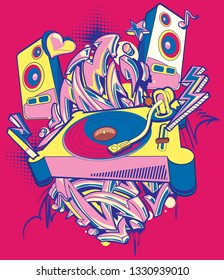 Funky turntable and  graffiti arrows  musical design