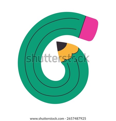 Funky twisted flexible pencil. Green pencil bent into number six. School studying supplies, comic trendy doodle. For designing school timetables, student diaries, notebooks, notepads, drawing albums.