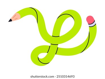 Funky twisted pencil. Funny curved intertwined simple pencil, cute school supply isolated flat vector illustration. Hand drawn twisted pencil on white