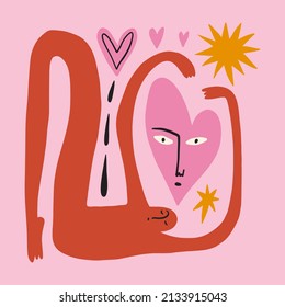 Funky ugly crying Valentines heart, groovy cute comic character. Boho doodle modern print funny handdrawn childish art. Vector EPS and JPG.