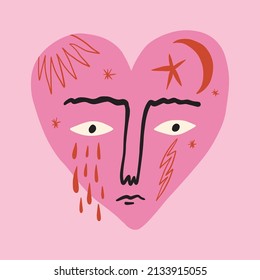 Funky ugly crying Valentines heart, groovy cute comic character. Boho doodle modern print funny handdrawn childish art. Vector EPS and JPG.