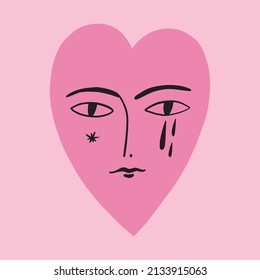 Funky ugly crying Valentines heart, groovy cute comic character. Boho doodle modern print funny handdrawn childish art. Vector EPS and JPG.