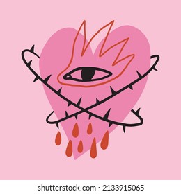 Funky Ugly Crying Valentines Heart, Groovy Cute Comic Character. Boho Doodle Modern Print Funny Handdrawn Childish Art. Vector EPS And JPG.