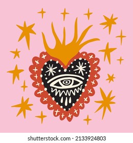 Funky ugly crying Valentines heart, groovy cute comic character. Boho doodle modern print funny handdrawn childish art. Vector EPS and JPG.