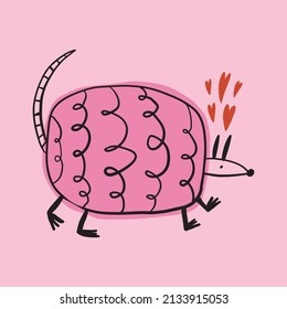 Funky ugly happy Valentines armadillo, groovy cute comic character. Boho doodle modern print funny handdrawn childish art. Vector EPS and JPG.