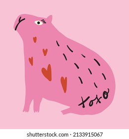 Funky ugly happy Valentines capybara, groovy cute comic character. Boho doodle modern print funny handdrawn childish art. Vector EPS and JPG.