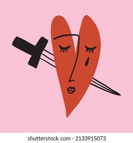 Funky ugly Valentines heart, bloody knife. Boho doodle modern print funny handdrawn childish art. Vector EPS and JPG.