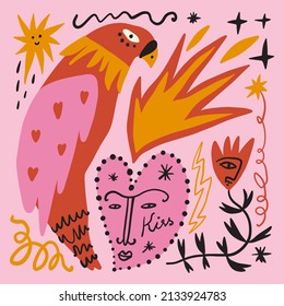 Funky ugly Valentines heart, groovy cute comic character. Boho doodle modern print funny handdrawn childish art. Vector EPS and JPG.
