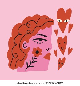 Funky ugly Valentines heart, groovy cute comic character. Boho doodle modern print funny handdrawn childish art. Vector EPS and JPG.