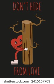 Funky Valentine's Day poster with Cartoon red heart in trendy Rubber Hose Groovy style. Valentine character on black background. Vector illustration can used web banner, card. EPS 10 editable stroke