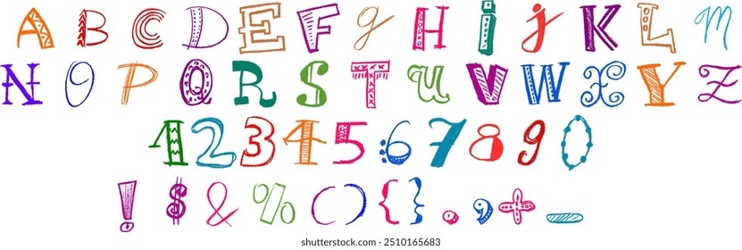 Funky Vários Números de Alfabeto e Pontuação Giz de giz de giz Conjunto de Vetor de Desenho