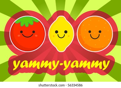 funky vector illustration of fruits & vegetables  in anime style
