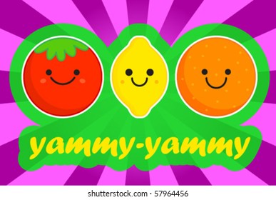 funky vector illustration of fruits & vegetables in anime style