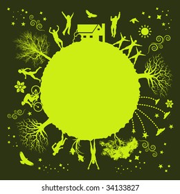 A funky vector illustration of a green planet