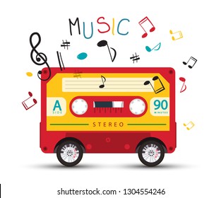 Funky Vector Music Design with Retro Red Audio Cassette on Wheels and Colorful Notes on White Background