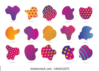 Funky vector patches collection on isolated background. Liquid shape with geometric pattern. Dynamic design element set with vibrant gradient.