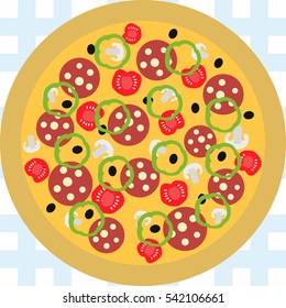 funky vector picture of pizza with salami, olive, tomato, mushroom, pepper and cheese, on a blue tablecloth