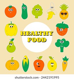 Funky Vegetables. Retro groovy sticker and patch. Comic characters of corn, tomato, carrot, pepper and more. Summer vector illustration. 