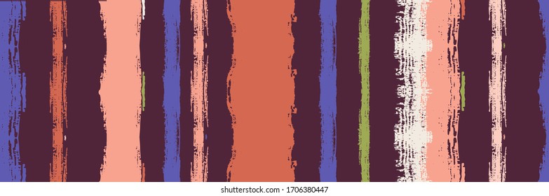 Funky Vertical Stripes Seamless Background. Autumn Winter Trendy Fashion Textile. Spring Summer Graffiti Stripes. Hand Painted Lines Banner. Cool Vector Watercolor Paint Lines. Torn Distress Trace.