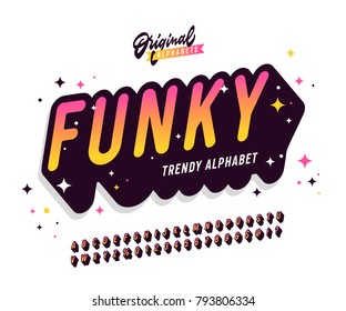 'Funky' Vintage 3D Sans Serif Rounded Colorful Alphabet with Long Shadow Effect and Festive Mood. Retro Typography. Vector Illustration.