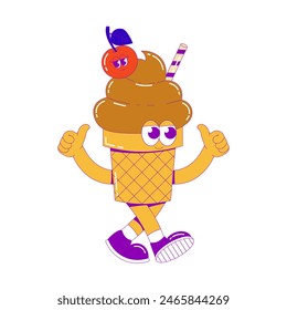 Helado de personaje divertido en taza de gofre con cereza y palo con cara, pies y mano. Mascota de postre de carácter lindo en estilo groovy. Vector surrealismo ilustración en colores brillantes