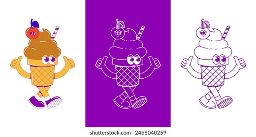 Funky walking character ice cream in waffle cup with cherry and stick with face, feet and hand. Cute character dessert mascot in groovy style. Vector surrealism illustration for logo, product branding