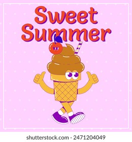 Funky walking character ice cream in waffle cup with cherry and stick with face, feet and hand. Cute character dessert mascot in groovy style. Vector surrealism card, postcard in bright colors