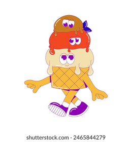 Funky walking ice cream. Three scoops of ice cream in waffle cup with cute faces, feet and hands. Cute character dessert mascot in groovy style. Vector surrealism illustration in bright colors