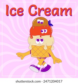 Funky walking ice cream. Three scoops of ice cream in waffle cup with cute faces, feet and hands. Cute character dessert mascot in groovy style. Vector surrealism card, postcard 
