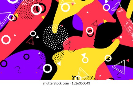 Funky Wallpaper. Ink Creative Drawing. Summer Artwork. Red Modern Design. 80s Elements. Purple Ornament. Spotty Banner. Black Textile Background.