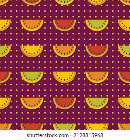 Funky Watermelon sin fisuras patrón de verano 80s 90s ilustración de vector estilo abstracto. El diseño retro vintage colorido de la rebanada de fruta marca el fondo. Papel de pared, impresión, textil, tela, tarjetas, objetos