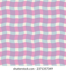 Funky wavy checkered lines pattern. Vector seamless plaid texture with overlaid colourful  lines. Modern geometrical background