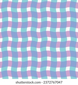 Funky wavy checkered lines pattern. Vector seamless plaid texture with overlaid colourful  lines. Modern geometrical background