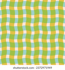 Funky wavy checkered lines pattern. Vector seamless plaid texture with overlaid colourful  lines. Modern geometrical background