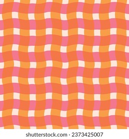 Funky wavy checkered lines pattern. Vector seamless plaid texture with overlaid colourful  lines. Modern geometrical background