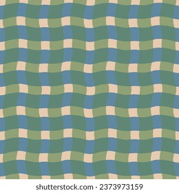 Funky wavy checkered lines pattern. Vector seamless plaid texture with overlaid colourful  lines. Modern geometrical background