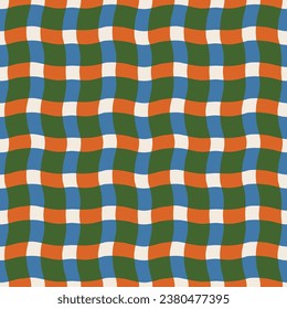 Funky wavy checkered lines pattern. Vector seamless plaid texture with overlaid colourful  lines. Modern geometrical background