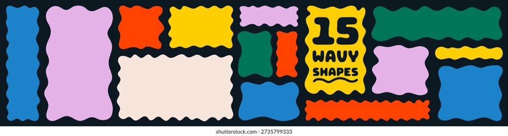 Funky wavy frame shapes set. Organic doodle textbox collection. Playful square and rectangle liquid templates. Wiggle dialog balloons. Minimal irregular color borders for children vector illustration 