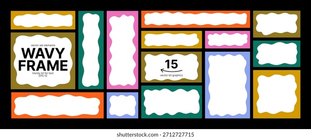 Funky Wavy Textbox Frame Border Kit in Black Background. Wave Shape Border for Text Box Bundle. Scallop Edge Square Rectangle Frames Set. Vector Graphic Elements for Decor Design