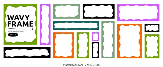 Funky Wavy Textbox Frame Border Kit. Wave Shape Border for Text Box Bundle. Scallop Edge Square Rectangle Frames Set. Vector Graphic Elements for Decor Design