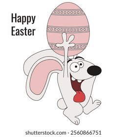 Funky weird Easter Bunny with Easter egg isolated white background. Easter concept. Flat style vector illustration can used hunting eggs game template design. EPS 10