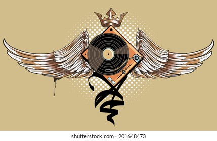 Funky winged turntable graffiti musical emblem