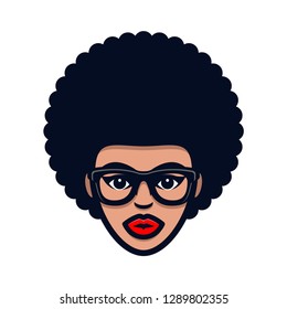 Funky woman in glasses with Afro hair. Curly  girl head