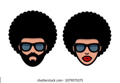 Funky woman and man in sunglasses with Afro hair