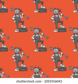 Funky woman mechanic seamless pattern. Cartoon style pattern design.