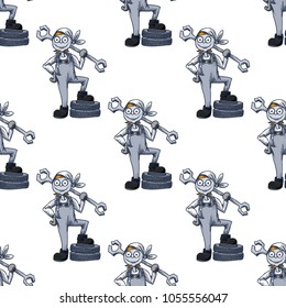 Funky woman mechanic seamless pattern. Cartoon style pattern design.