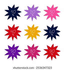 Funky Y2k set with Black Friday star bubbles with lettering of percent of discount from 10 to 90. Hand drawn cartoon label for super sale at shop, store. Simple childish price tags isolated on white.