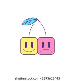 Funky y2k smile and sad cherry abstract cartoon character groovy style icon vector flat illustration. Comic psychedelic berries funny emoji happy and unhappy emoticon trendy sticker for t shirt print