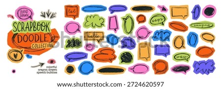 Funky y2k speech bubble scrapbook collection. Torn paper bubble shapes for dialogue, message and text. Comic colorful scrapbook collage speech bubbles. Hand drawn vector sketch balloons.